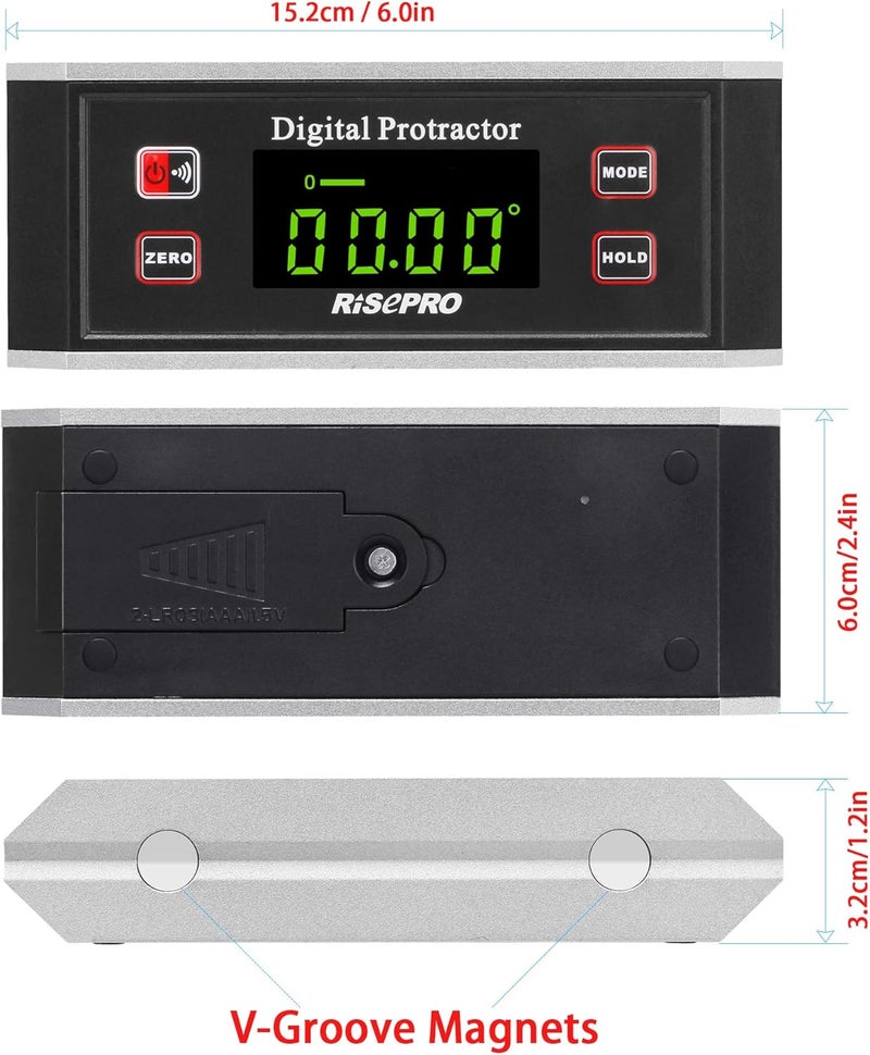 RISEPRO Inclinometer, ® Digital Protractor Angle Finder Level Inclinometer Magnetic V-Groove 0~360 degree with Backlight 82413B - Image 2